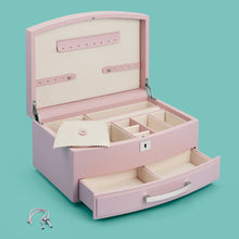 Load image into Gallery viewer, High-end leather jewelry box with drawer. Light pink leather, shown open.
