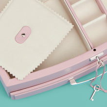 Load image into Gallery viewer, High-end leather jewelry box with drawer. Light pink leather, detail shot of drawers and lock and key.
