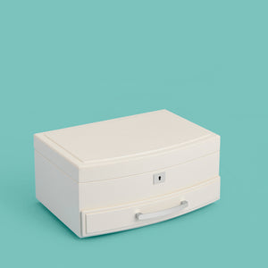 High-end leather jewelry box with drawer. Cream white leather, shown closed.