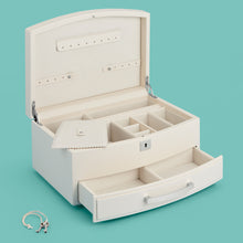 Load image into Gallery viewer, High-end leather jewelry box with drawer. Cream white leather, shown open.
