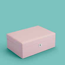 Load image into Gallery viewer, Luxury leather jewelry box, pink / rose color, with lock and key, closed
