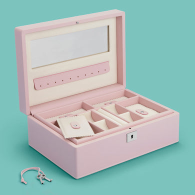 Luxury leather jewelry box, pink / rose color, with lock and key, opened