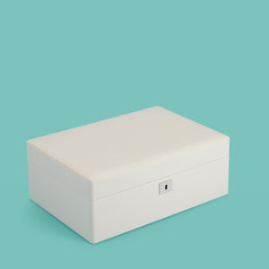 Expensive high-end jewelry box, white / cream color, closed