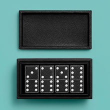 Load image into Gallery viewer, Luxury leather domino box with white contrast stitching, shown open to show four stacks of domino tiles.
