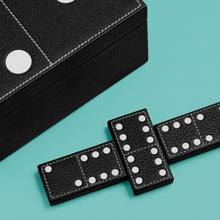 Load image into Gallery viewer, Luxury leather domino box with white contrast stitching, close up of box and tiles shown.

