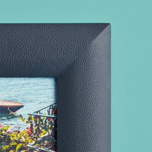 Load image into Gallery viewer, Blue / navy luxury leather picture frame, holds 8x10&quot; photo, close up of pebbled leather
