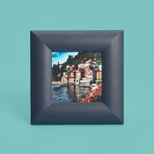 Load image into Gallery viewer, High-end leather picture frame, holds 5x5 photo, navy blue leather, shown head-on
