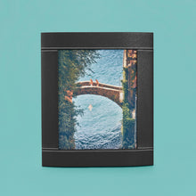 Load image into Gallery viewer, Black luxury leather picture frame with white stitching detail, holds 8x10&quot; photo
