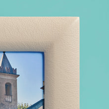 Load image into Gallery viewer, White / cream luxury leather picture frame, holds 8x10&quot; photo, close-up of pebbled leather
