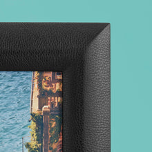 Load image into Gallery viewer, Black luxury leather picture frame, close up of corner showing pebbled black leather
