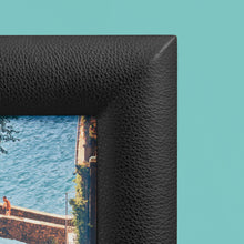 Load image into Gallery viewer, Black luxury leather picture frame, holds 5x7&quot; photo, shown close-up to show detail of pebbled black leather
