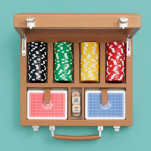 Load image into Gallery viewer, High-end leather poker case, brown / tan leather. Shown open with chips and cards.

