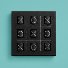 Load image into Gallery viewer, Luxury leather tic tac toe board with white stitching. Shown in black leather, shown head-on.
