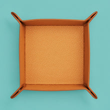 Load image into Gallery viewer, High-end leather valet tray, tan leather, shot from above.
