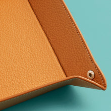 Load image into Gallery viewer, High-end leather valet tray, tan leather, close-up to show detail of leather and stitching.
