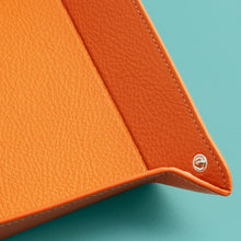 Load image into Gallery viewer, High-end leather valet tray, orange leather, detail shot to show stitching.
