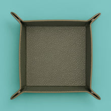 Load image into Gallery viewer, High-end leather valet tray, green / olive leather, shot from above.
