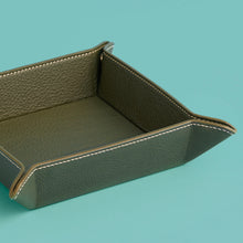 Load image into Gallery viewer, High-end leather valet tray, green / olive leather with white stitching detail. Catchall tray for foyer.
