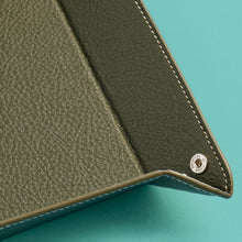 Load image into Gallery viewer, Luxury leather valet tray, green / olive leather, detail shot to show quality of leather and stitching.
