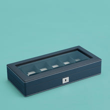 Load image into Gallery viewer, Luxury leather watch case, navy / blue with white stitching, space for 6 watches, closed.

