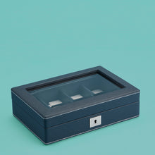 Load image into Gallery viewer, Luxury leather watch case, navy / blue with white stitching, space for 4 watches, closed.
